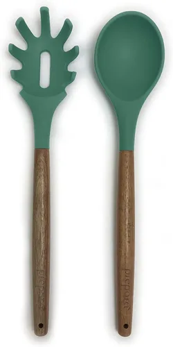 Vista 10 de Prepara Juego de 2 cucharones de sopa y cuchara ranurada de acacia y silicona, color verde espuma de mar