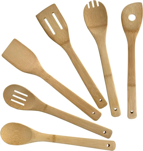 Vista 2 de edge Juego de utensilios de madera de bambú con carrito (menta, 7 piezas)