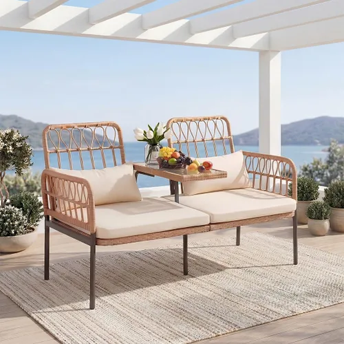 Vista 4 de PROHIKER Muebles de Patio Exterior Sofá de Amor de Ratán de 2 Asientos con Mesa Integrada, Almohadas Lumbares y Cojines, Sofá de Amor de Mimbre
