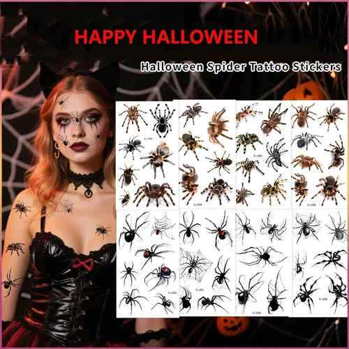 Vista 5 de Tatuajes temporales de Halloween, calcomanías de araña falsa para cara y cuerpo, 10 hojas de calcomanías de tatuaje para el día de los muertos
