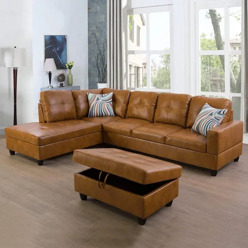 Vista 6 de Juego de sofá seccional de cuero para sala de estar, juego de 3 piezas con almacenamiento otomano negro para sala de estar/dormitorio/apartamento