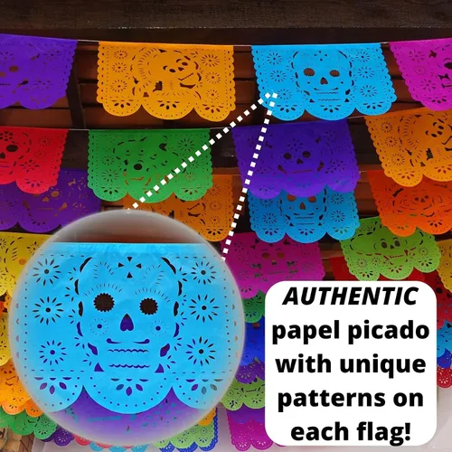 Vista 5 de Cartel de papel picado Dia de Los Muertos, guirnaldas de papel de seda del Día de los Muertos, decoraciones de fiesta mexicana, paquete de 5 83
