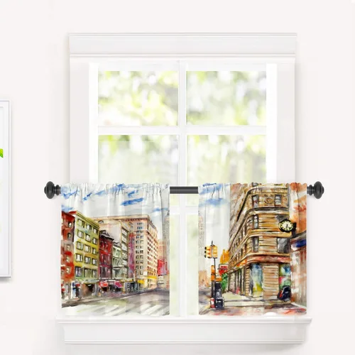 Vista 77 de Cortinas opacas de cocina con pintura al óleo de Europa rosa y negra para ventanas, cenefas opacas modernas de torre Eiffel de poliéster multicapa