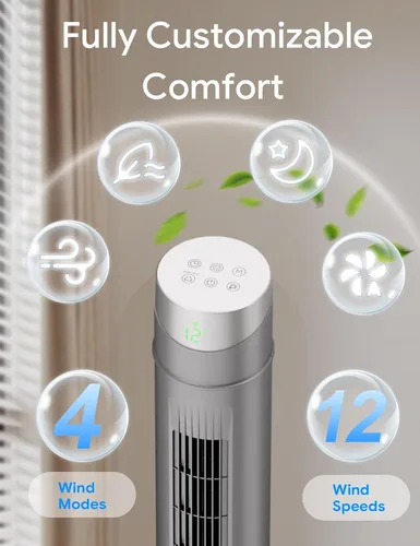 Vista 41 de ZAFRO Ventilador de torre inteligente para dormitorio, ventilador de torre oscilante de 120°, 28 pies/s de alta velocidad, 12 velocidades, 4 modos
