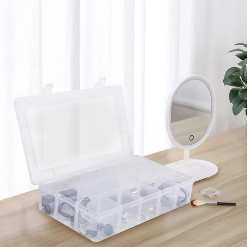 Vista 7 de Gospire Organizador de joyería Caja de almacenamiento de plástico transparente con 15 grandes rejillas con divisores extraíbles