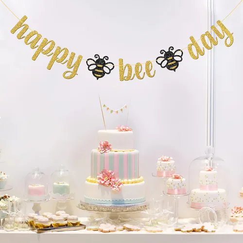 Vista 5 de Cartel de Feliz Día de la Abeja con purpurina dorada/Suministros de fiesta de baby shower con temática de abejorros/Nueva mamá/fiesta de revelación