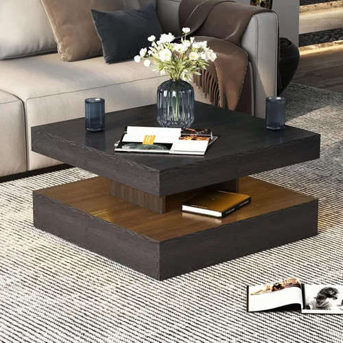 Vista 17 de HedoAjim Mesa de centro LED negra para sala de estar, mesa de sala de estar, mesas centrales cuadradas de 2 niveles, mesas de centro de madera