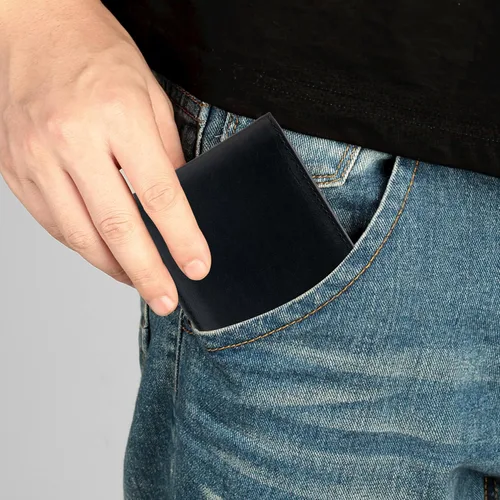 Vista 6 de Billetera de cuero para hombre, con bloqueo RFID, de piel auténtica, triple pliegue, Negro -, Cartera Rfid
