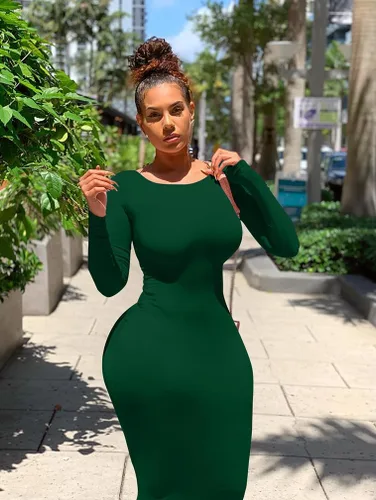 Vista 2 de Vestido sexi ceñido al cuerpo para mujer, vestido midi tipo lápiz de manga larga y cuello redondo para trabajo y oficina