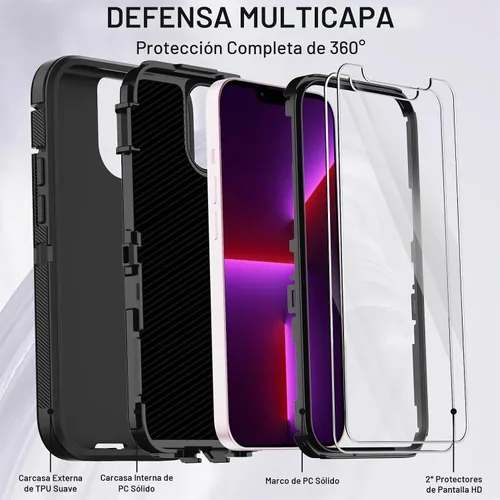 Vista 2 de Funda para iPhone 13 Pro Max con 2 protectores de pantalla, protección contra caídas a prueba de golpes, cuerpo completo, resistente, 3 capas, Negro