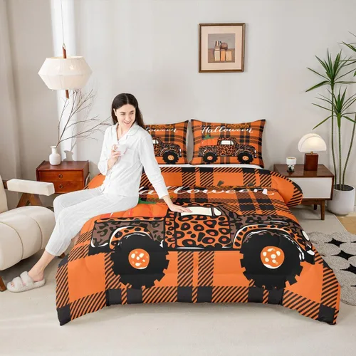 Vista 23 de Lindo juego de edredón de murciélago tamaño Queen con diseño de animales de Feliz Halloween, 3 piezas para decoración de habitación de niños