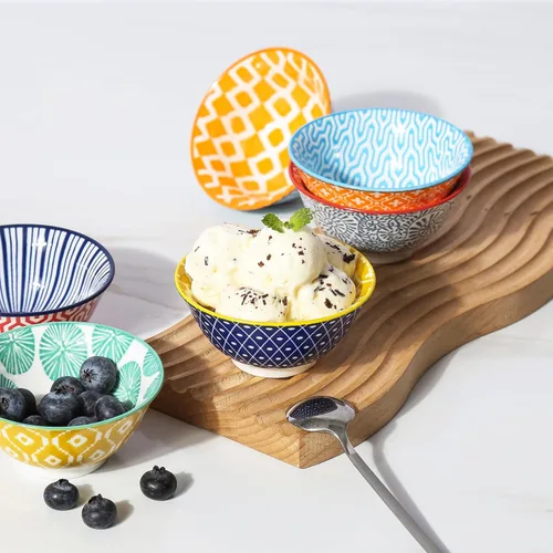 Vista 4 de Selamica, juego de 6 cuencos de porcelana para helado, cuencos pequeños, cuencos de cerámica para postres, helado, variedad