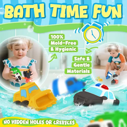 Vista 4 de Zippytots 6 juguetes de baño flotantes para vehículos, sin moho, juguetes de bañera para niños de 12 meses, juguetes de bañera sin agujeros