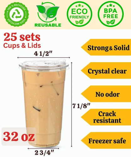 Vista 4 de Vasos de plástico transparente de 32 onzas con tapas, 25 juegos de tazas de café helado de plástico desechables con tapas sin pajilla, taza de café