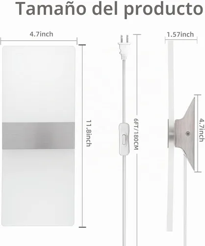 Vista 5 de KICAAO Apliques de pared, moderno aplique de pared enchufable, 10 W, 6000 K, luces de pared acrílicas blancas frías con cable de enchufe