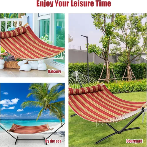 Vista 18 de Giantex Hamaca con almohada desmontable para colgar al aire libre, hamaca de patio con barra separadora de bambú curvada, cadena de acero, hamacas