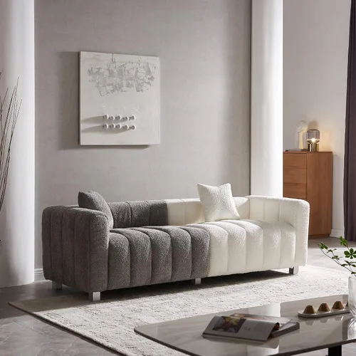 Vista 4 de Sofá moderno de 3 plazas de 87.4 pulgadas, sofá de burbujas para sala de estar, sofá de terciopelo con asiento profundo Teddy Bouclé, sofá de dos