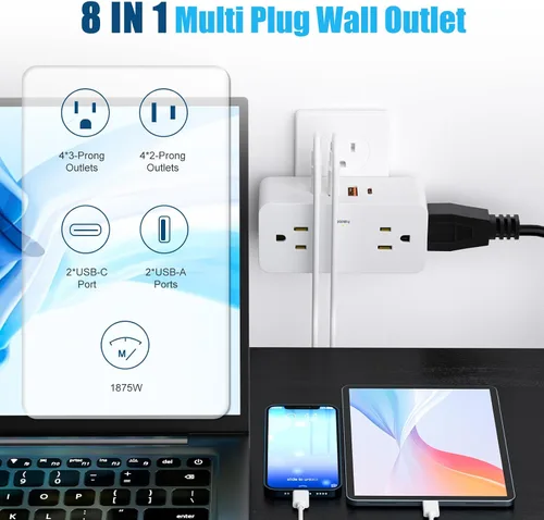 Vista 3 de Extensor de salida de protección contra sobretensiones con enchufe giratorio, extensor de salida de enchufe múltiple con 4 divisores y 2 puertos USB