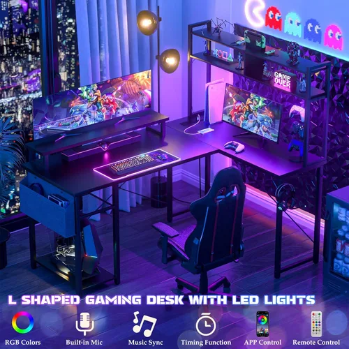 Vista 3 de Aheaplus Escritorio pequeño en forma de L para gaming con luces LED y tomas de corriente, escritorio reversible en forma de L para computadora