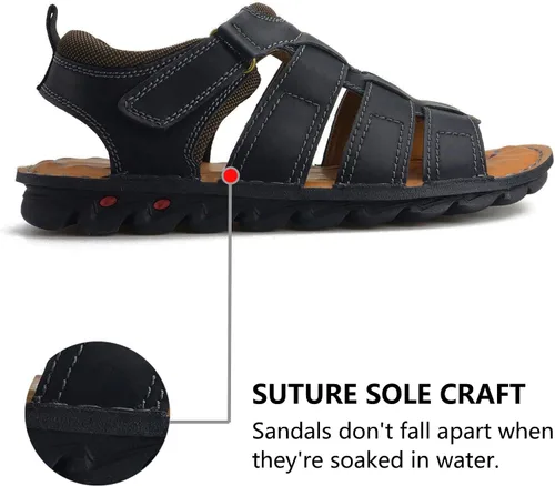 Vista 4 de VOCECO - Sandalias de cuero para hombre con puntera abierta, ajustables, ligeras, para playa y verano