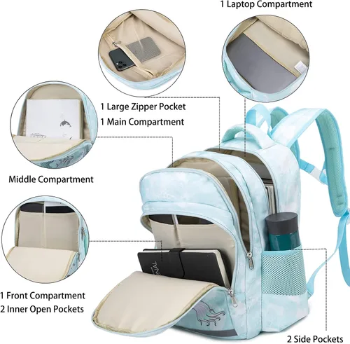 Vista 4 de YCBB Juego de mochilas escolares para niñas, azul, (Blue Mermaid), Mochila, compatible, viaje