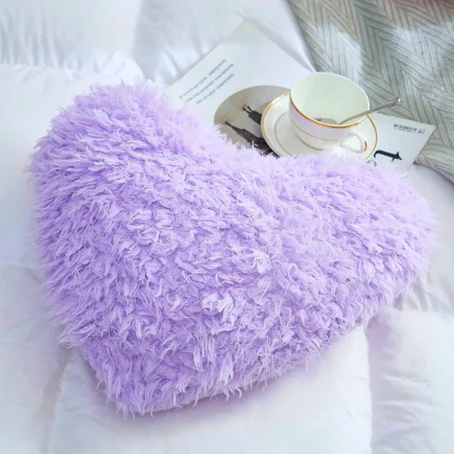 Vista 4 de MOOWOO - Almohada de corazón morado, almohada mullida de corazón con funda de almohada e relleno, piel sintética suave, diseño decorativo