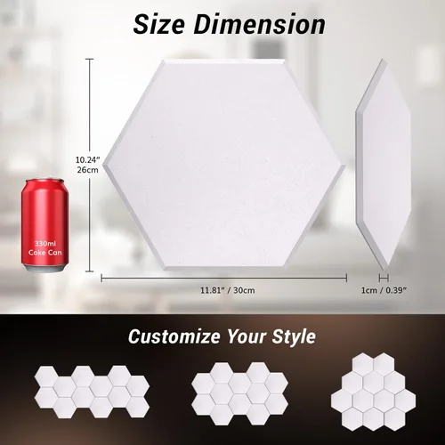 Vista 45 de Paquete de 12 paneles acústicos hexagonales de alta densidad, paneles de pared insonorizados TONOR de 12"x 10"x 0.4", paneles de absorción de sonido