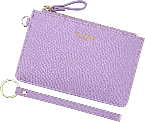 Vista 18 de Estuche Delgado para Tarjetas RFID para Mujer con Correa de Muñeca, Cartera con Cremallera para ID, Cartera de Cuero Pequeña, Monedero con Llavero