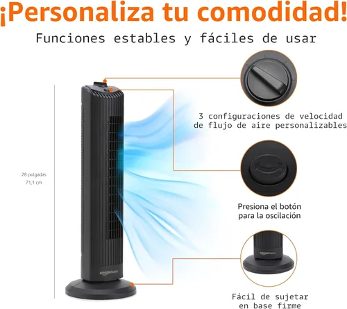 Vista 2 de Amazon Basics Ventilador de torre oscilante de 60 grados de 28 pulgadas para dormitorio, sala de estar, oficina, con 3 velocidades, control mecánico