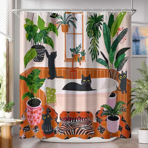 Vista 5 de Divertida cortina de ducha con diseño de gatos negros, estilo bohemio, bonita, divertida, para baño, gatito, verde, hojas tropicales, beige, marrón