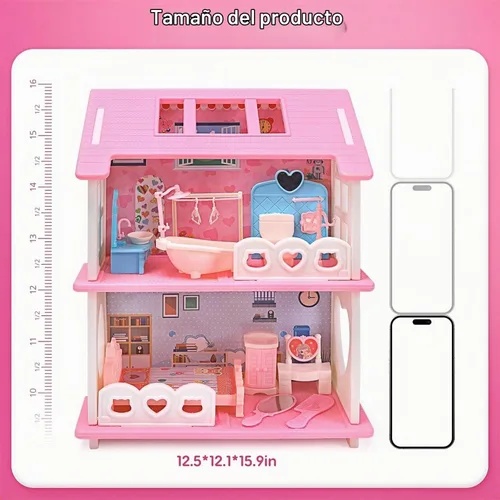 Vista 2 de Casa de muñecas, con sala de estar, dormitorio, baño, muebles de cocina, casa de muñecas de doble cara con 1 muñeca, 3 juegos de ropa, luces