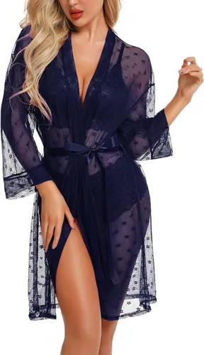 Vista 3 de RSLOVE Conjunto de lencería sexy para mujer, 3 piezas, bata de kimono de encaje con brasier y braga transparente para dormir