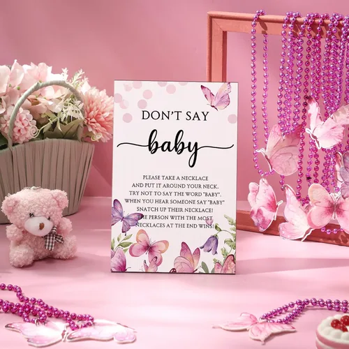 Vista 4 de Roowest 51 No Digas Juego de Baby Shower Mariposa Decoraciones de Baby Shower Incluídas Juego de Mariposa Letrero de Mesa de Madera 50 Collares