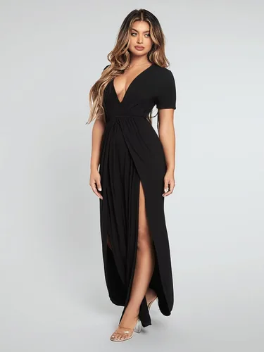 Vista 4 de Vestidos de verano para mujer, cuello pronunciado y abertura en el muslo, vestido largo negro para fiesta casual y trabajo