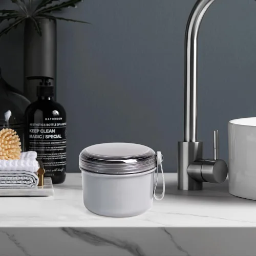 Vista 8 de Uouovo Taza de baño de dentadura grande sin fugas, estuche de retención de dentadura limpiadora, cuidado de limpieza completo para dentaduras Gris