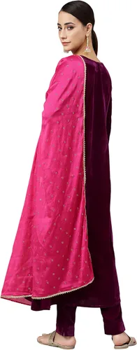 Vista 7 de Janasya Indian - Kurta de terciopelo morado con pantalón y Dupatta para mujer