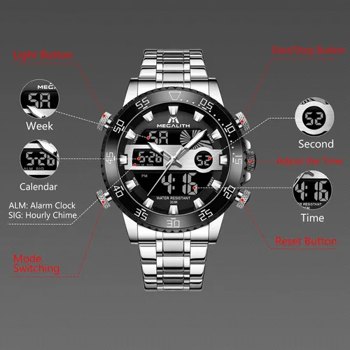 Vista 4 de MEGALITH Reloj digital impermeable de acero inoxidable con cara grande LED analógico multifuncional para deportes al aire libre, relojes de pulsera