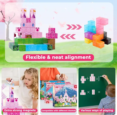 Vista 5 de Bloques magnéticos – 100 bloques de construcción magnéticos de castillo de princesa rosa, cubos magnéticos 3D para niñas, juguete de construcción