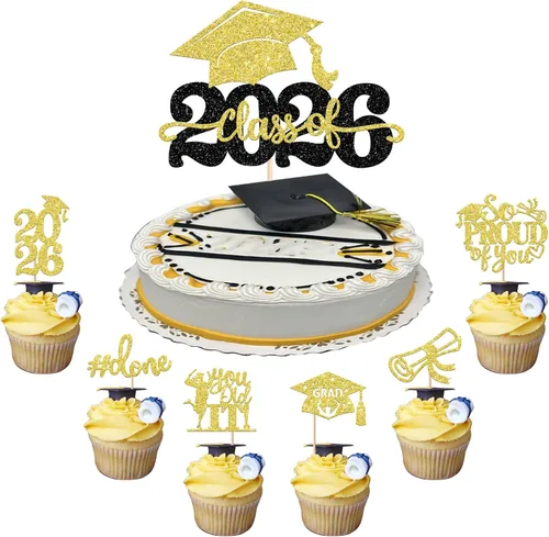 Vista 62 de Paquete de 24 adornos para cupcakes de clase de 2026 con purpurina 2026 para diploma de graduación 2026, selecciones para cupcakes para graduación