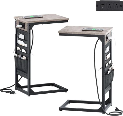 Vista 9 de Mesa auxiliar en forma de C con estación de carga rápida, mesa lateral pequeña para sofá con bolsa de almacenamiento, bandeja de TV para sofá