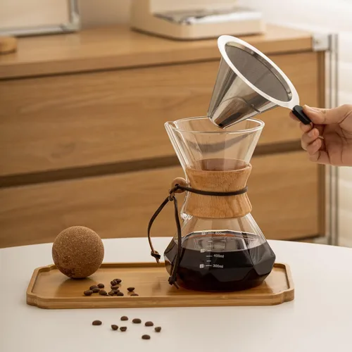 Vista 5 de Cafetera de Goteo con Funda de Madera, Cafetera de Goteo de 13.5oz/400ml, Juego de Cafetera de Goteo con Tapón de Corcho (13.5oz/400ml)