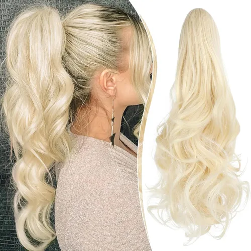 Vista 33 de Felendy Extensión de cola de caballo de 18 pulgadas, mezcla de rubio ceniza, marrón oscuro, rizado, ondulado, con clip, extensiones de cabello largo