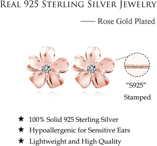 Vista 6 de Reffeer Aretes de tuerca de plata de ley 925 maciza con diseño de flor de plumeria para mujeres y adolescentes