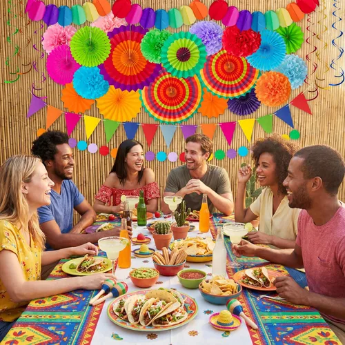 Vista 5 de Juego de 35 piezas de decoración para fiesta con abanicos de papel - Pom Poms del Cinco de Mayo, banderines, guirnaldas, pancartas, remolinos