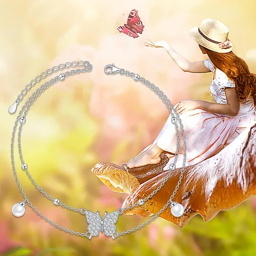 Vista 5 de Tobilleras para mujer de plata de ley S925 ajustable, pulsera de tobillo para pie de playa, regalo de joyería