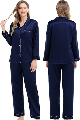 Vista 3 de SWOMOG Conjunto de pijama a juego para parejas, de satén de seda, de manga larga, suave, con botones