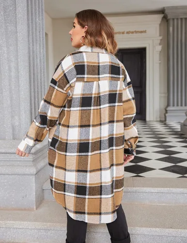 Vista 3 de IN'VOLAND Camisas de franela a cuadros de talla grande para mujer, manga larga, con solapa, estilo novio, con botones, chaqueta larga de tartán