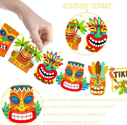Vista 5 de Hawai Luau - Pancarta hawaiana de Tiki para fiesta de cumpleaños, 3 unidades, decoración de fiesta de Aloha para colgar, guirnaldas de Tiki