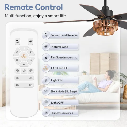 Vista 5 de 52" Farmhouse Ceiling Fans with Lights, Black Ceiling Fan with 6 Wind Speed Remote Control, Dual Finish 5 Blades, Reversible DC Motor, Rattan Caged