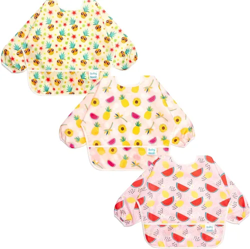 Vista 15 de Juego de baberos de manga larga de 3 piezas, baberos impermeables para bebés con bolsillo, babero para niños pequeños con mangas, bata resistente a